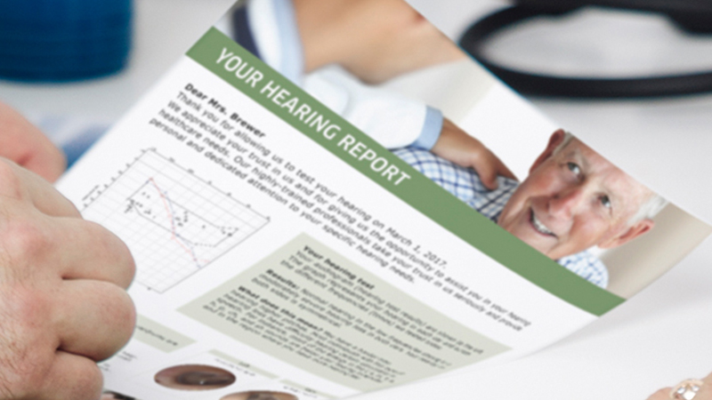 Patient hearing customized report generated from Madsen A450 audiometer results.