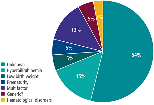 Pie chart showing distribution of hearing loss risk factors in newborns, with 'unknown' as the largest category at 54%.