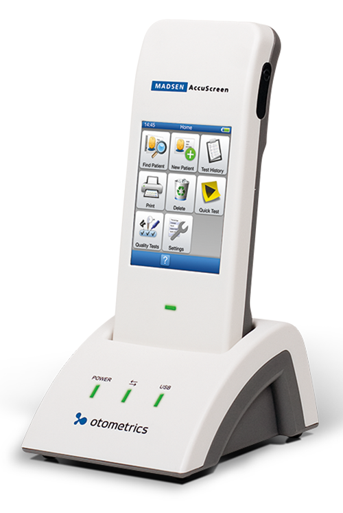 Madsen AccuScreen Newborn Hearing Screener with touchscreen interface.