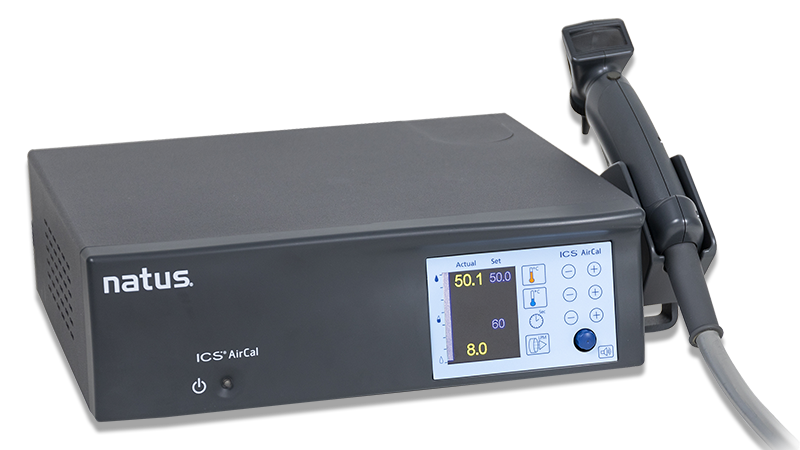 Natus Sensory ICS Aircal caloric irrigation device with attached handpiece and control panel with buttons for vestibular testing.