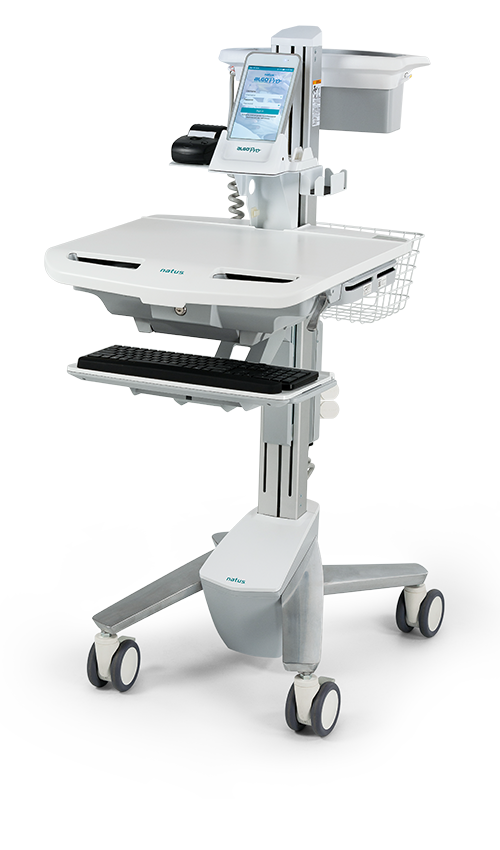 ALGO Pro Newborn Hearing Screener on a Mobile Hearing Screening System cart, designed for newborn hearing screener use.