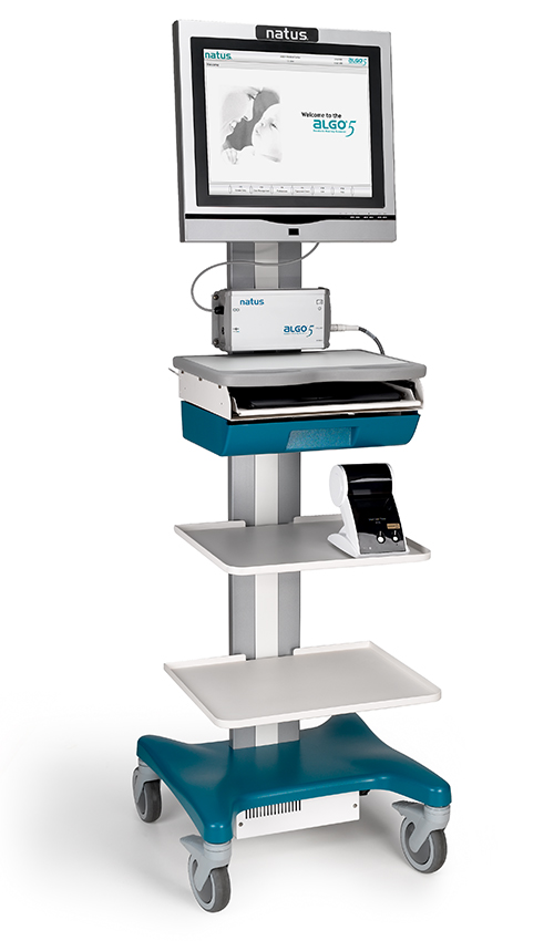 ALGO 5 Newborn Hearing Screener with integrated touchscreen for automated auditory brainstem response testing.