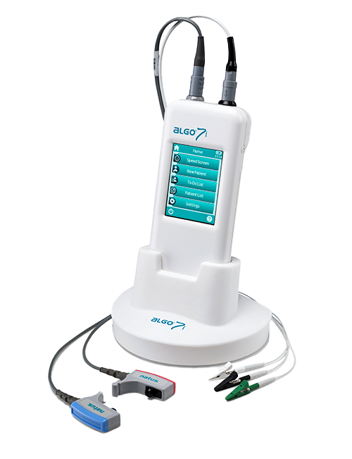 ALGO 7i Infant Hearing Screening Device featuring Automated Auditory Brainstem Response (AABR) technology for newborn hearing assessments.