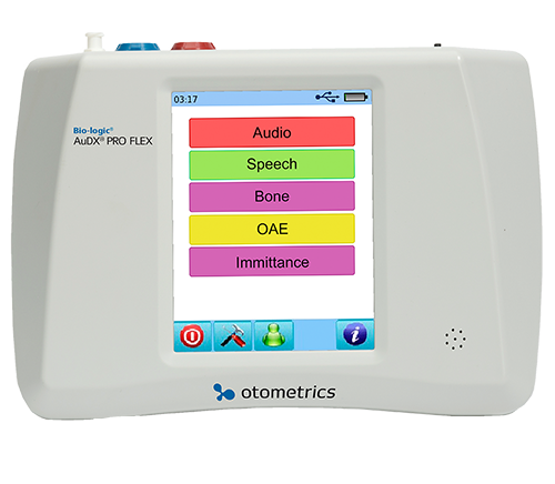 Touchscreen interface of the Bio-logic AuDX PRO FLEX portable audiometry device showing test modes for hearing evaluation.