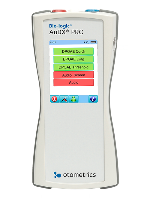 Bio-logic AuDX PRO handheld diagnostic OAE device with modular test options.