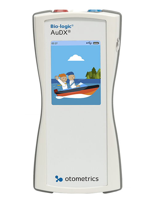 Bio-logic AuDX Portable OAE Screening Device with animated display screen, ideal for pediatric hearing screening.