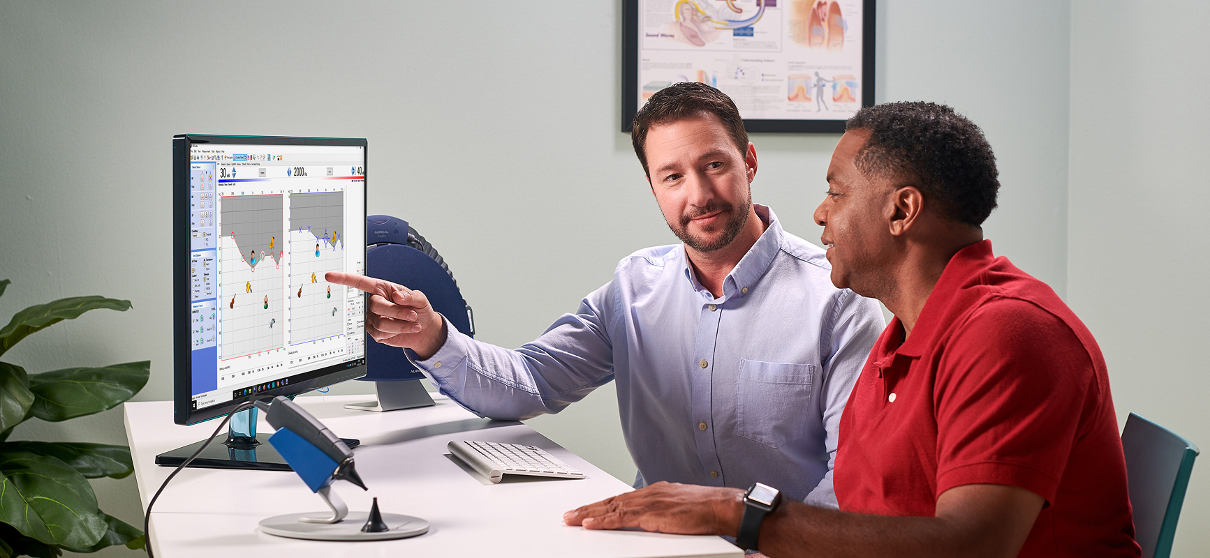 Audiologist explaining real ear measurement results using Aurical FreeFit system.