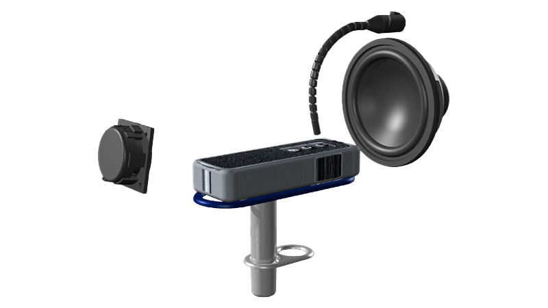 Aurical HIT test box components including microphone, coupler, and reference speaker for hearing aid verification.