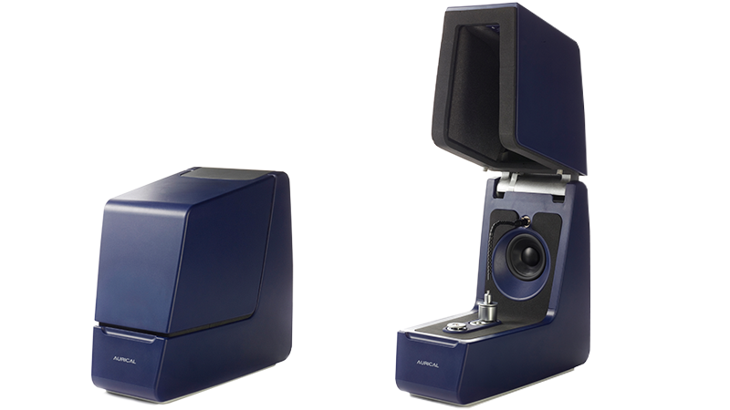 Aurical HIT hearing instrument test box shown closed and open for hearing aid verification.