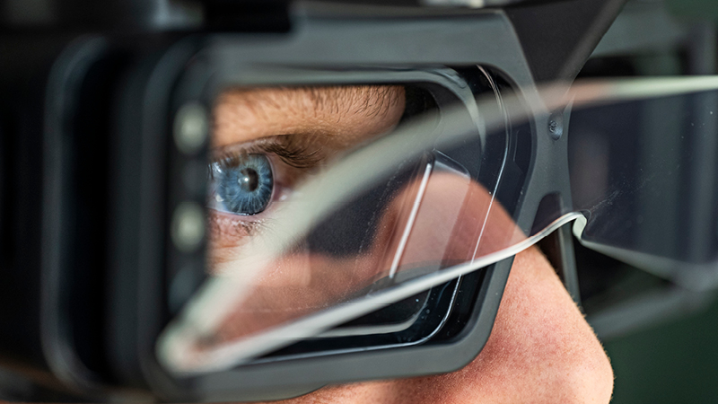 Patient’s eye in ICS Dizcovery VNG goggles during vestibular testing and eye movement tracking