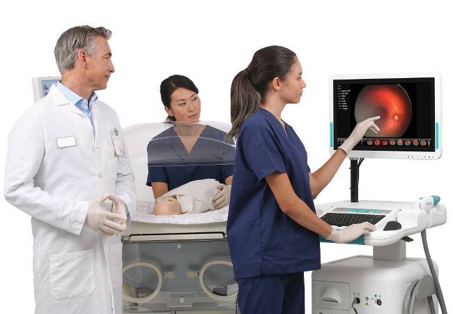 Clinical team using pediatric retinal imaging to review diagnostic results for a newborn in the NICU, supporting early detection of retinal diseases.