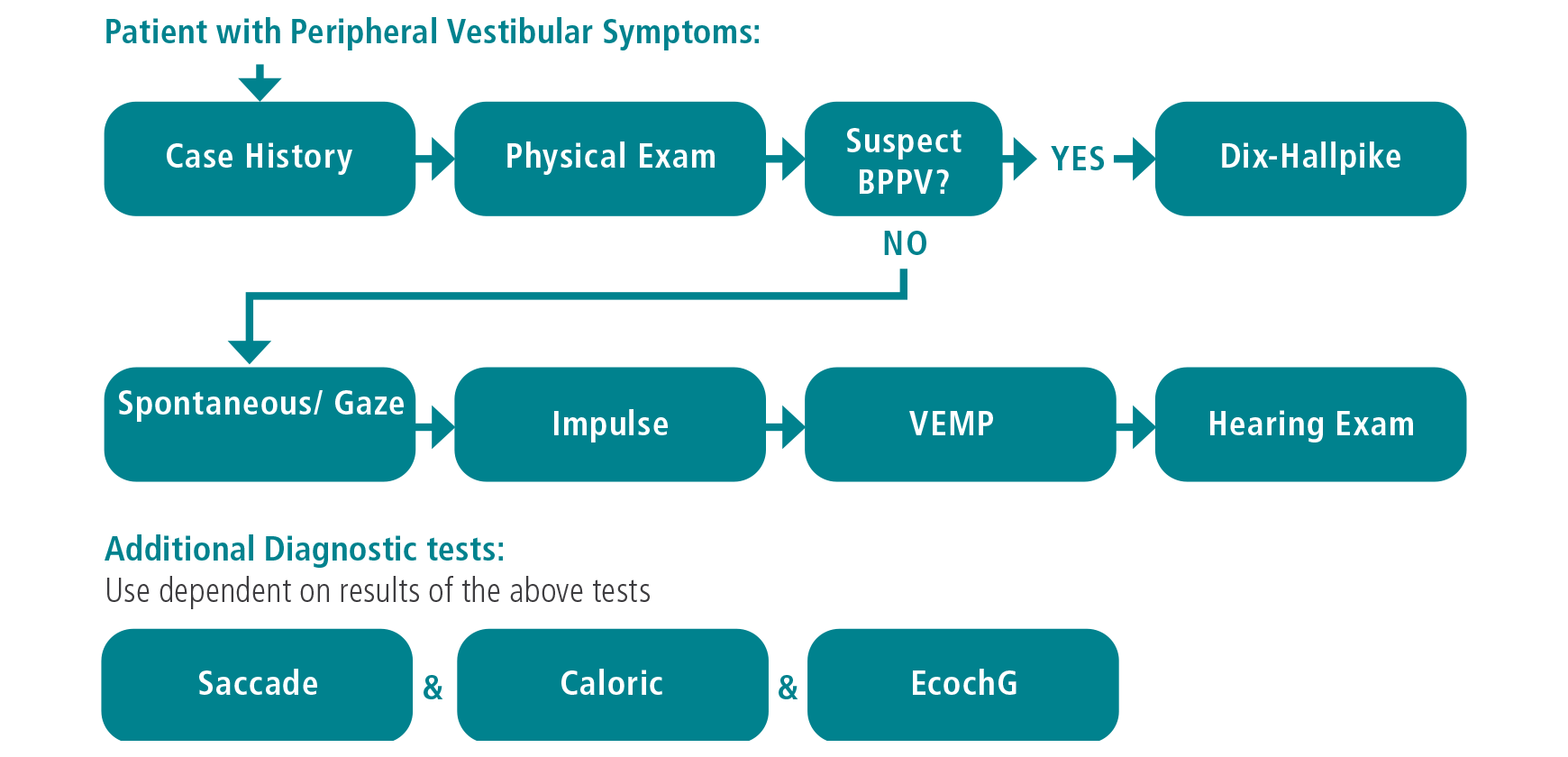 Flowchart outlining the diagnostic workflow for patients with peripheral vestibular symptoms, including case history, physical exam, Dix-Hallpike, vHIT impulse, VEMP, hearing exam, and additional tests like saccade, caloric, and EcochG.