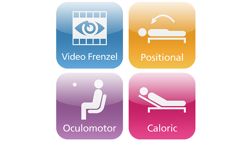 Set of vestibular test icons including Video Frenzel, Positional, Oculomotor, and Caloric assessments, used in ICS Impulse diagnostic software.