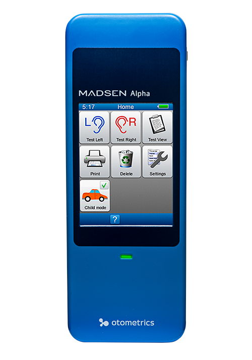 Madsen Alpha handheld OAE hearing screener with child mode screen, ideal for preschool and pediatric hearing screening.