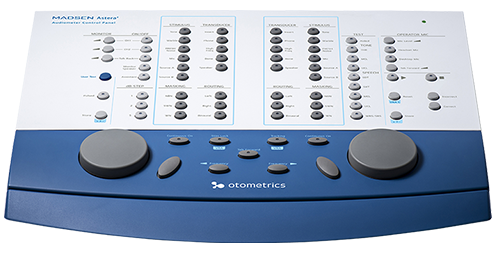 Close-up view of the Madsen Astera2 diagnostic audiometry equipment control panel used in PC based audiometric testing and tinnitus test modules.