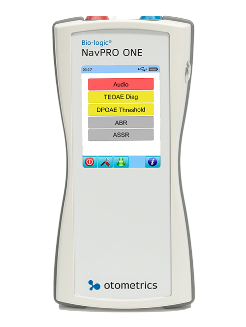 Bio-logic NavPRO ONE handheld auditory evoked potential system with touchscreen interface.