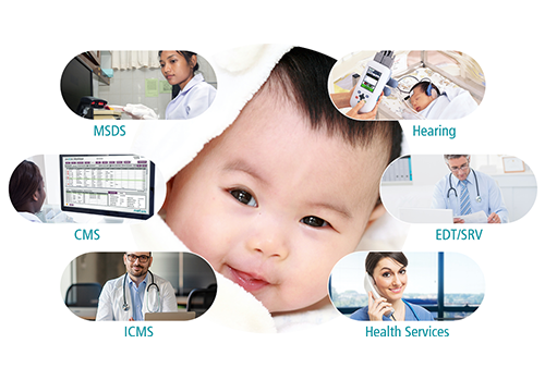 NEOMETRICS modules for newborn screening data management, including MSDS, CMS, ICMS, Hearing, SRV, and Health Services, shown around an infant.