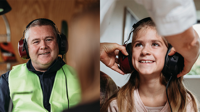 Adult and child undergoing mobile hearing screening with Oscilla audiometer, demonstrating use in both occupational health and school settings.