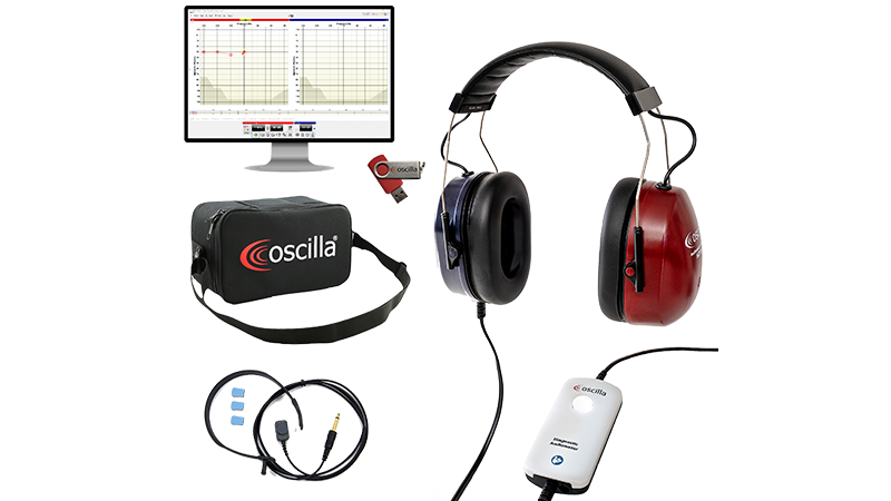 Oscilla mobile hearing screening kit with diagnostic audiometer, headphones, software interface, and accessories for portable testing.