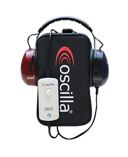 Oscilla mobile audiometer with headphones and carrying case for portable hearing screening.
