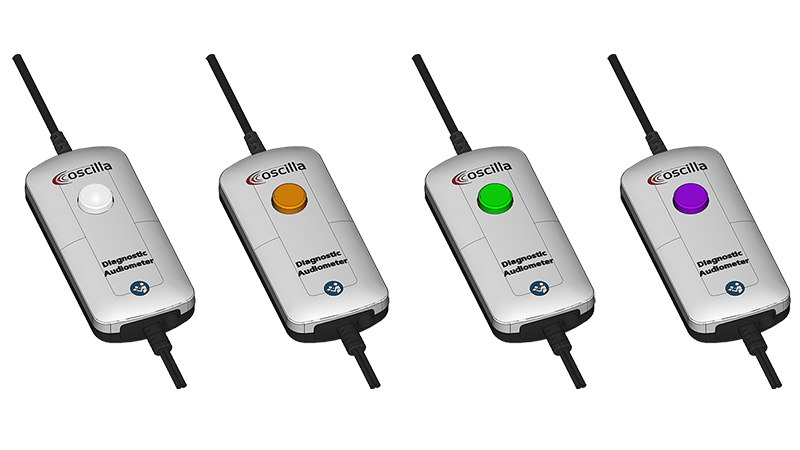 Oscilla diagnostic audiometers with illuminated response buttons in white, orange, green, and purple for mobile hearing screening.