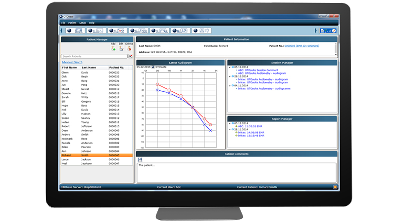 Otobase software displaying patient audiogram and session data for audiology EMR integration.