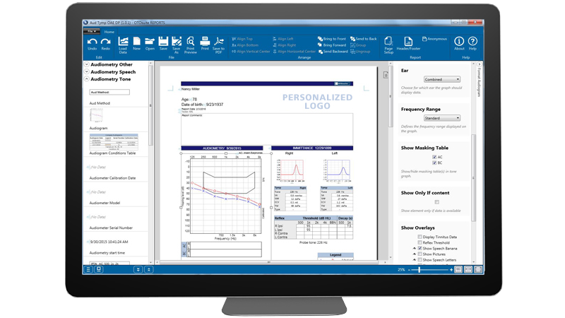Otosuite Reports interface showing custom audiology report template with audiogram and tympanometry data.