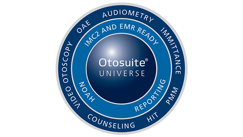 Otosuite Universe diagram highlighting audiometry, OAE, PMM, HIT, hearing instrument programming software, reporting, counseling, video otoscopy, and EMR-ready integration.