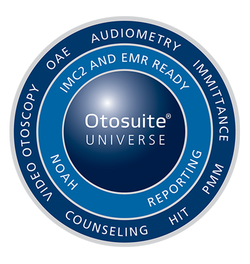 Otosuite Universe graphic showing audiometry, OAE, video otoscopy, HIT, PMM, and EMR-ready reporting features..