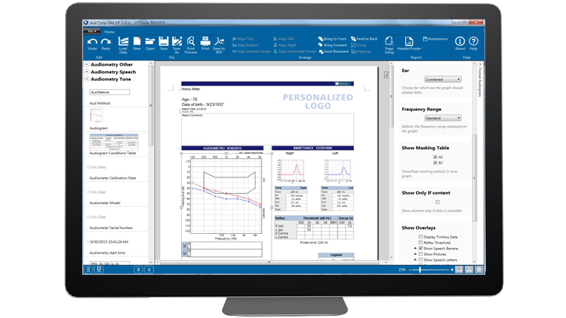 Tympanometry and audiometry report displayed on a computer screen using Madsen Zodiac immittance testing device software, showing diagnostic data for hearing assessment.