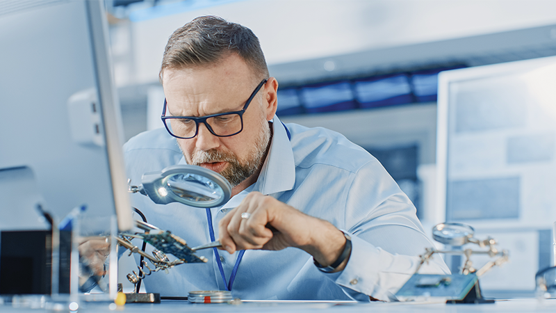 Man looking through a magnifying glass