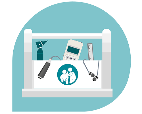 Illustration of a clinical tinnitus toolbox with audiology instruments and patient care symbols.