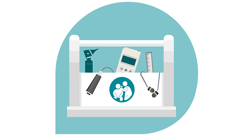 Graphic of audiology tools in a tinnitus care toolbox, symbolizing patient support and clinical assessment.