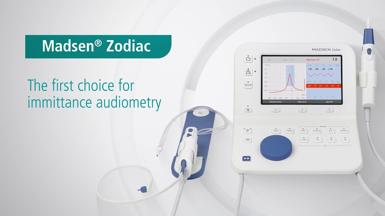 Madsen Zodiac tympanometer displayed as a leading immittance testing device for pediatric and adult tympanometry.