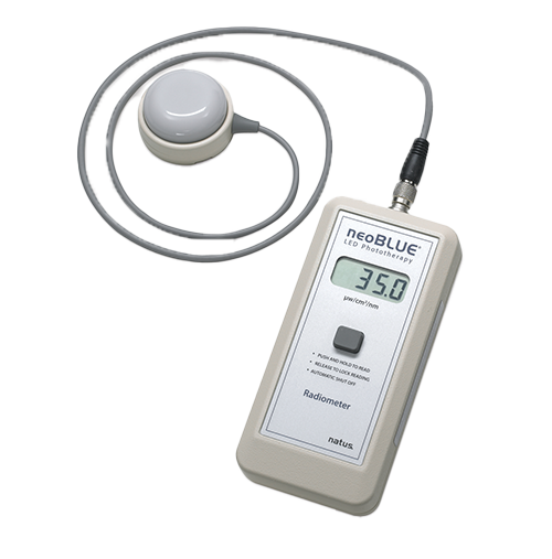 neoBLUE Radiometer device showing 35.0 reading with dome sensor for bilirubin phototherapy and irradiance monitoring.