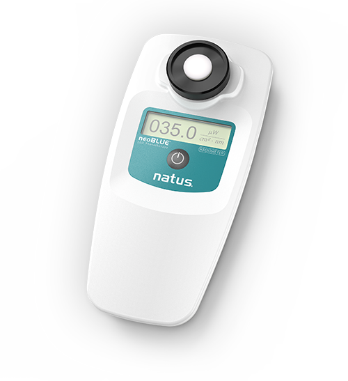 neoBLUE Radiometer handheld device showing 035.0 reading for bilirubin phototherapy and irradiance monitoring.