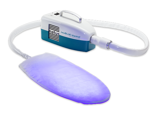 Intensive blue LED phototherapy with neoBLUE blanket for neonatal jaundice treatment.