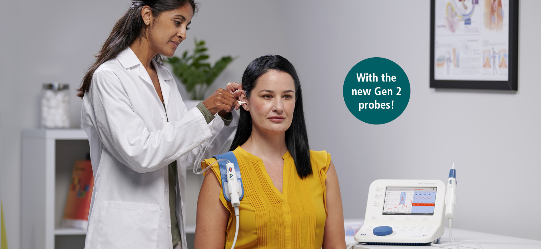 Clinician performing tympanometry with the Madsen Zodiac tympanometer and new Gen 2 immittance testing probe.